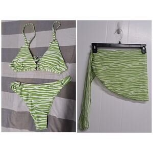 Soly Hux 3 Piece Swimsuits Triangle Bikini with Mesh Beach‎ skirt Green Size S